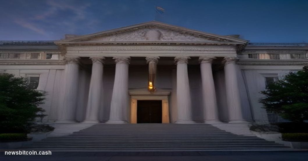 Cinematic photorealistic editorial photograph of the SEC headquarters building in Washington D.C. — the iconic neoclassical f