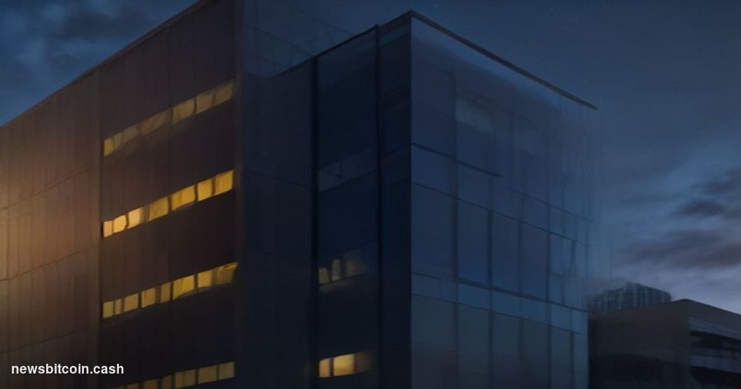 Cinematic photorealistic editorial photograph of PayPal's San Jose, California headquarters building exterior at dusk, shot f