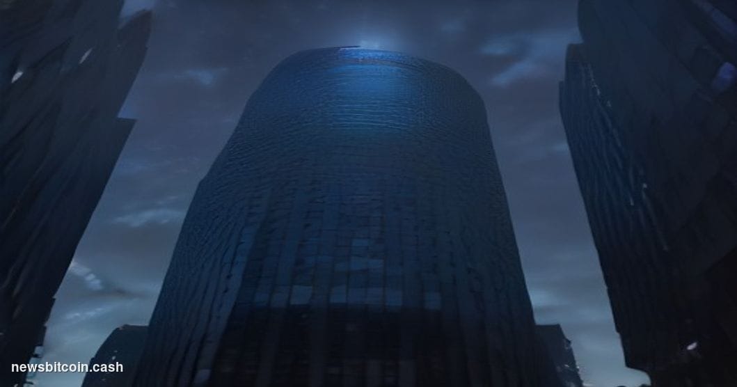 Cinematic photorealistic editorial photograph shot at ground level looking up at two adjacent glass-and-steel corporate tower