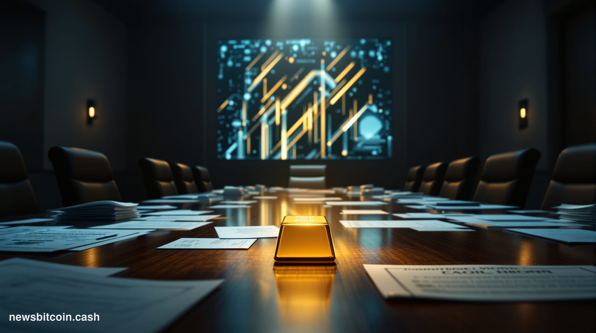 A cinematic photorealistic editorial photograph set inside a dramatic Federal Reserve boardroom-style chamber, shot from a lo