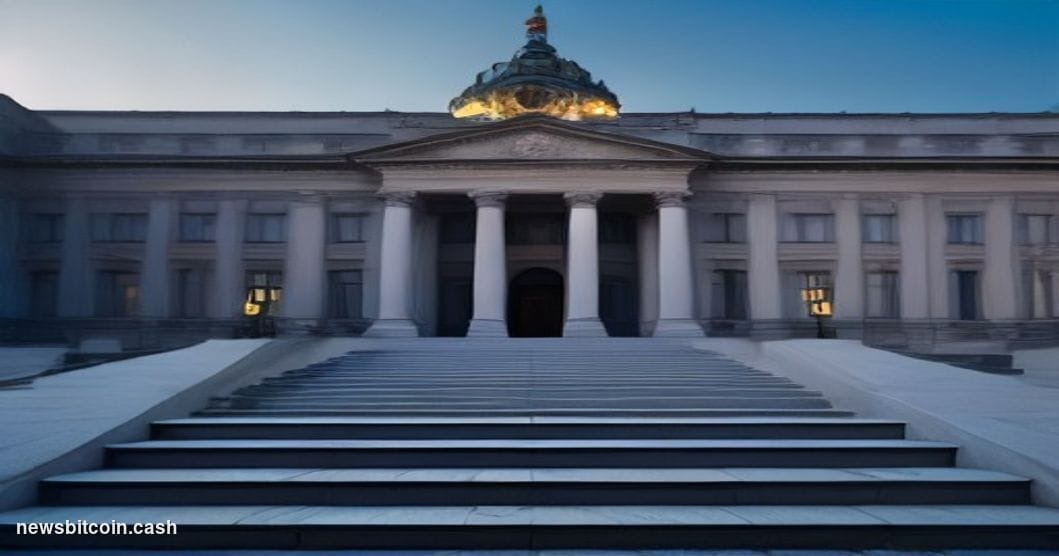 Cinematic photorealistic editorial photograph of the Polish parliament building (Sejm) in Warsaw at dusk, its neoclassical fa
