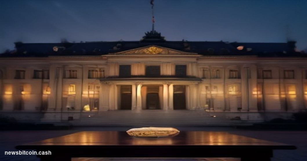 Cinematic photorealistic editorial photograph of the Polish Sejm (parliament) building in Warsaw at dusk, its neoclassical fa