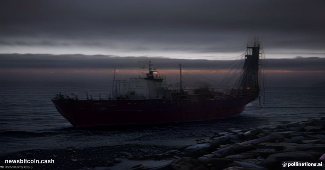Cinematic photorealistic editorial photograph of a massive oil tanker stranded motionless in a dark, still harbor at dusk, it