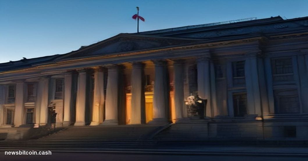 Cinematic photorealistic editorial photograph of the Polish Sejm building in Warsaw at dusk, its neoclassical facade lit by c