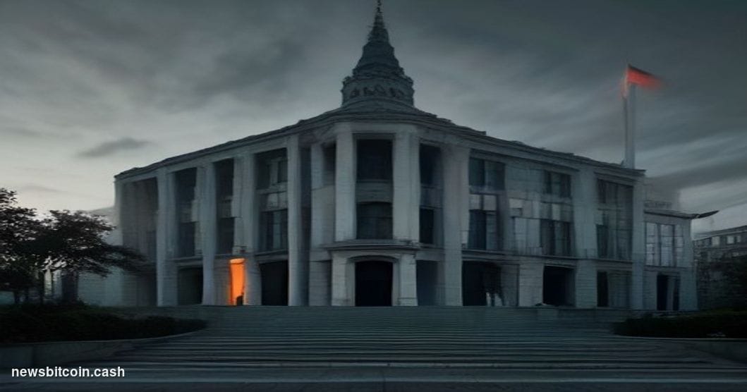 Cinematic photorealistic editorial photograph of a imposing Warsaw courthouse facade, its concrete and glass exterior illumin