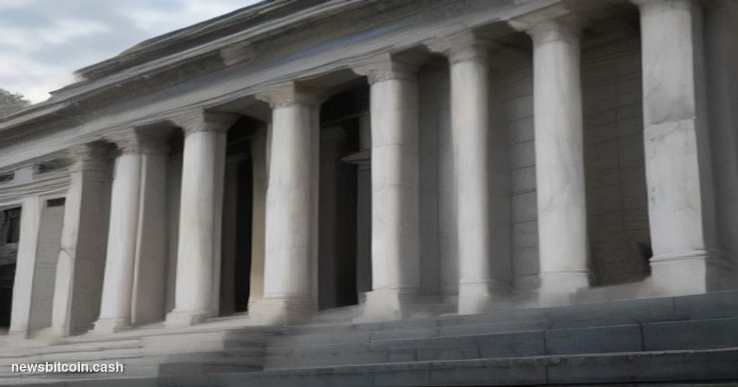 A cinematic photorealistic editorial photograph of the Federal Reserve building in Washington D.C. shot from a low angle at d