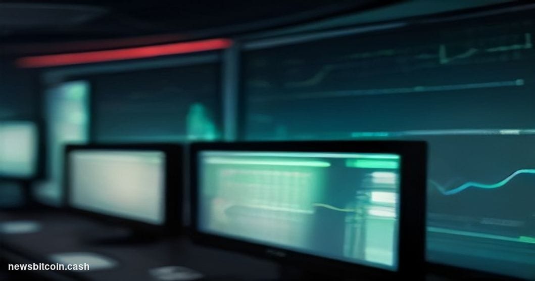 Cinematic photorealistic editorial photograph of a sleek trading terminal in a dimly lit financial operations room, with a la