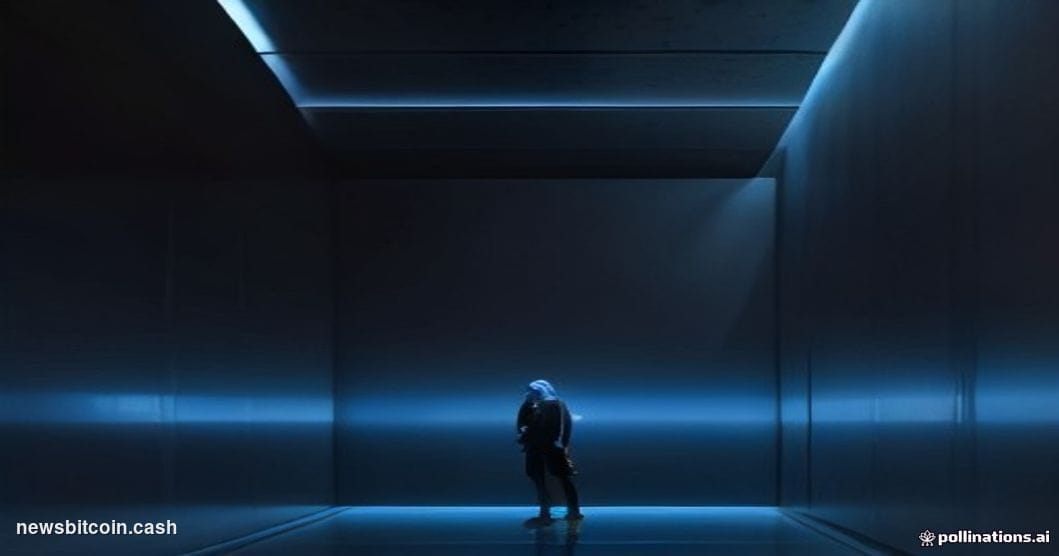 A cinematic photorealistic editorial photograph shot at ground level looking up at a sleek, glass-and-steel blockchain startu
