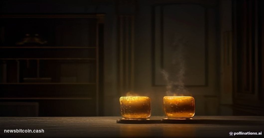 Cinematic photorealistic editorial photograph of a dramatic split-scene composition: on the left, a stack of gold bars bathed