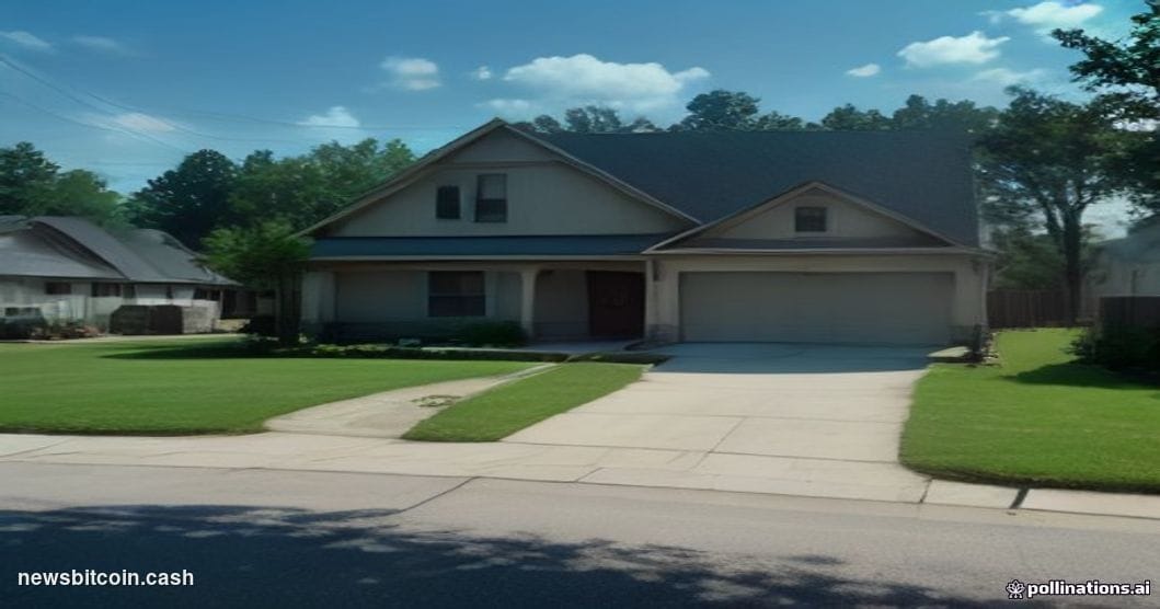 Cinematic photorealistic editorial photograph of a sun-bleached American suburban street lined with "For Sale" signs in front