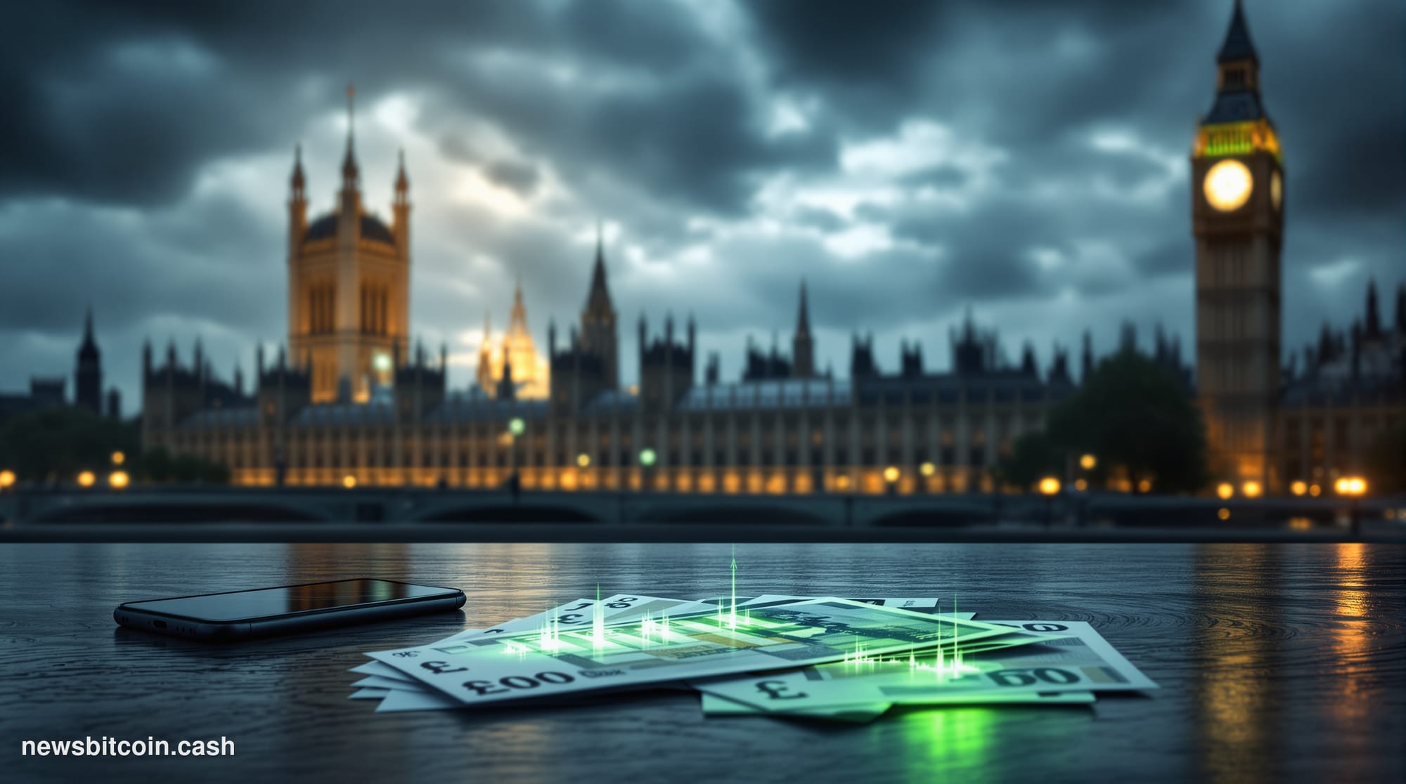 A cinematic photorealistic editorial photograph set in Westminster, London, with the iconic Houses of Parliament and Big Ben 