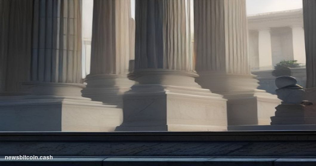 Cinematic photorealistic editorial photograph of the imposing neoclassical facade of the U.S. Office of the Comptroller of th
