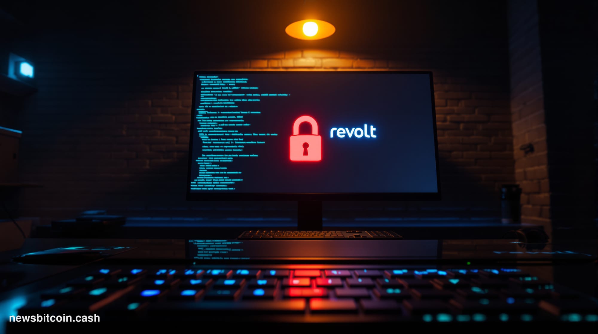 Cinematic photorealistic editorial photograph of a dimly lit underground hacker environment, foreground featuring a cold blue