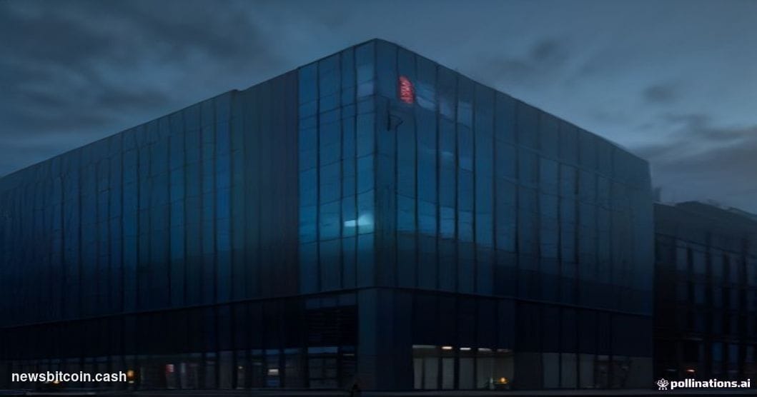 Cinematic photorealistic editorial photograph of Revolut's London headquarters exterior at dusk, shot from a low angle lookin