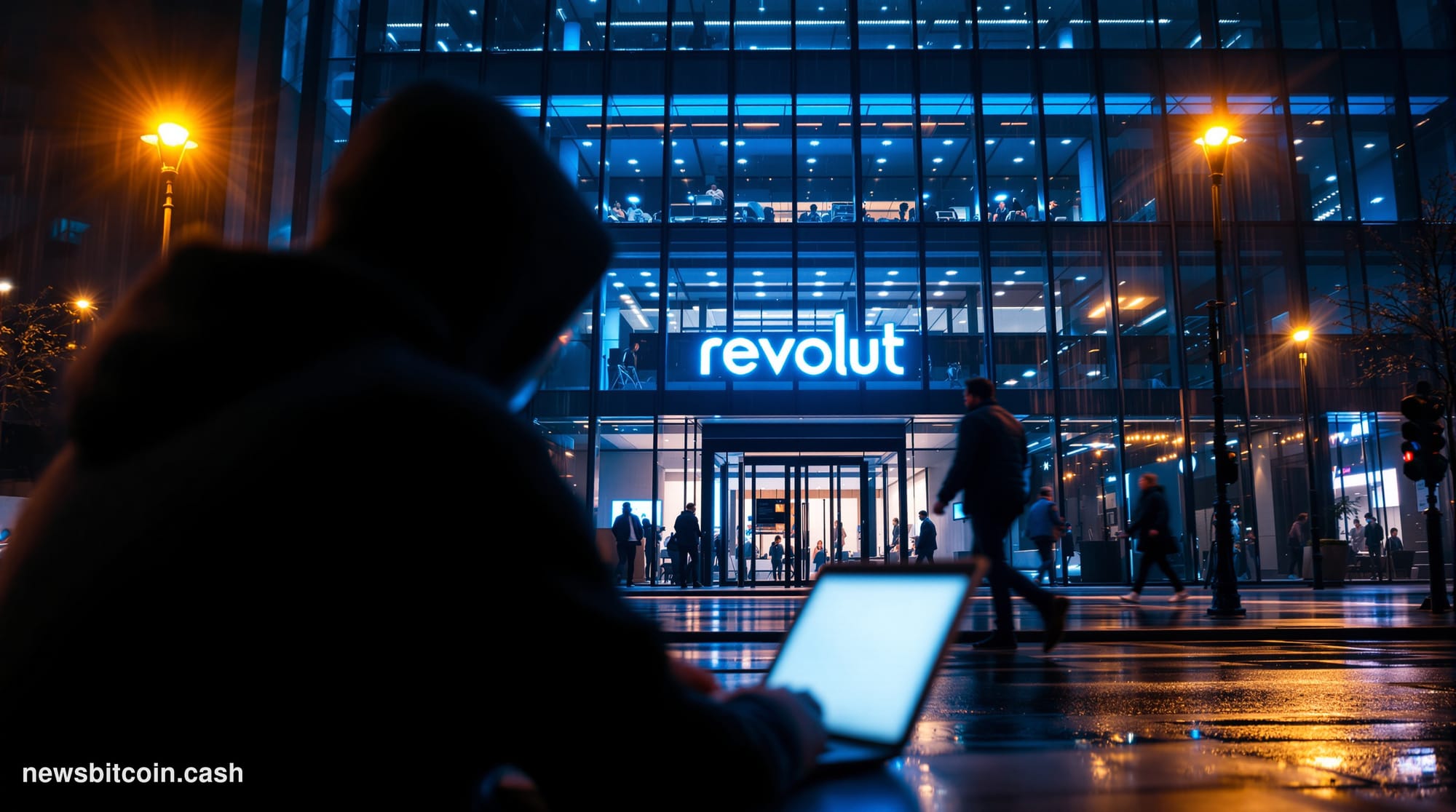 Cinematic photorealistic editorial photograph of Revolut's London headquarters at night, shot from a low angle looking up at 