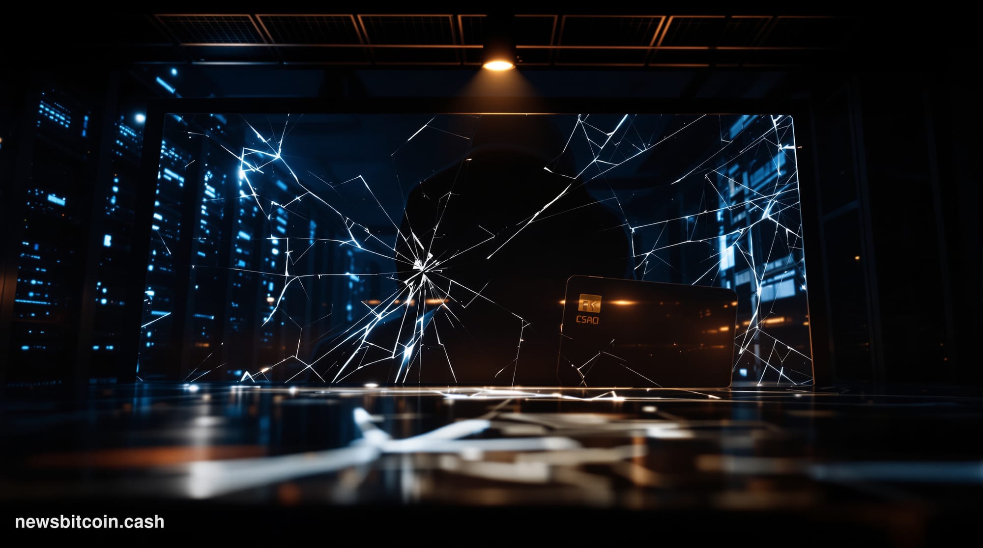 Cinematic photorealistic editorial photograph of a Revolut-branded digital banking interface displayed on a large cracked scr
