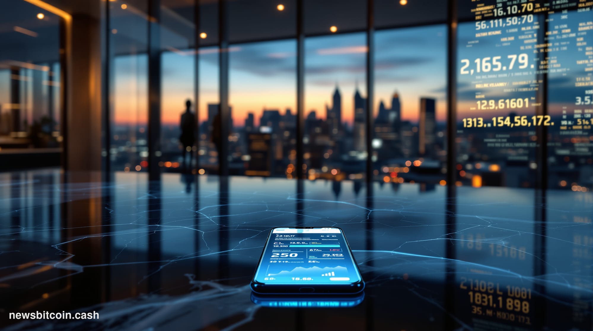 A cinematic photorealistic editorial photograph set inside a sleek European banking environment — marble floors, floor-to-cei