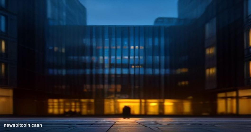 Cinematic photorealistic editorial photograph of Revolut's London headquarters exterior at dusk, the building's glass facade 