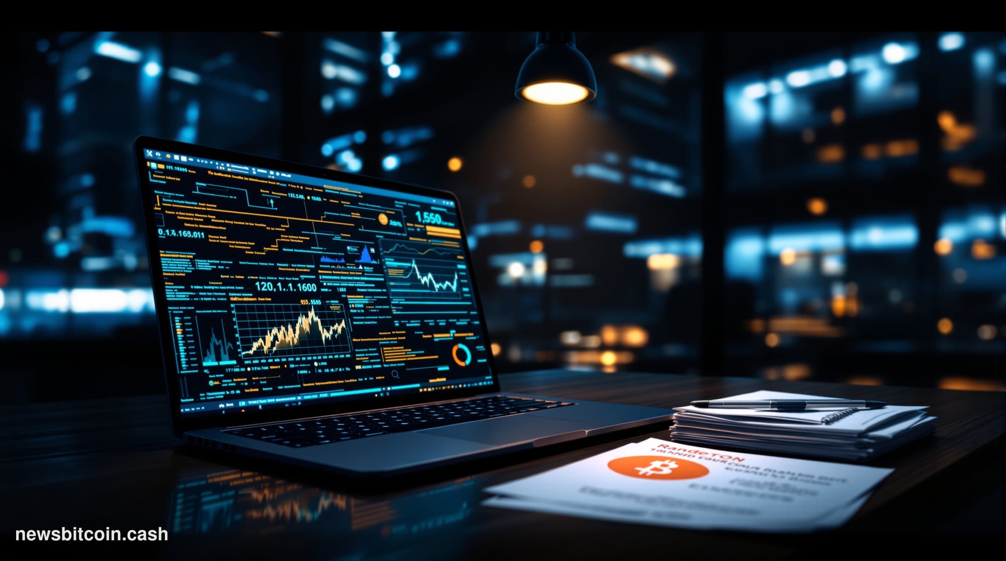 Cinematic photorealistic editorial photograph of a darkened fintech office environment evoking Revolut's London headquarters 