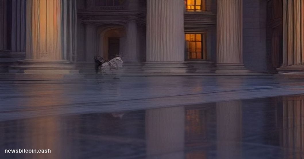 Cinematic photorealistic editorial photograph of the imposing neoclassical facade of the Office of the Comptroller of the Cur