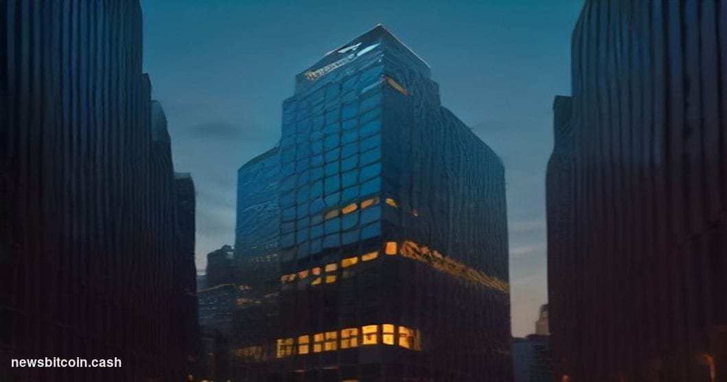 Cinematic photorealistic editorial photograph of a sleek, modern fintech office building facade bearing the "Revolut" wordmar