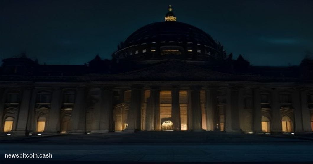 Cinematic photorealistic editorial photograph of the Berlin Reichstag building at night, shot from a low angle looking up at 