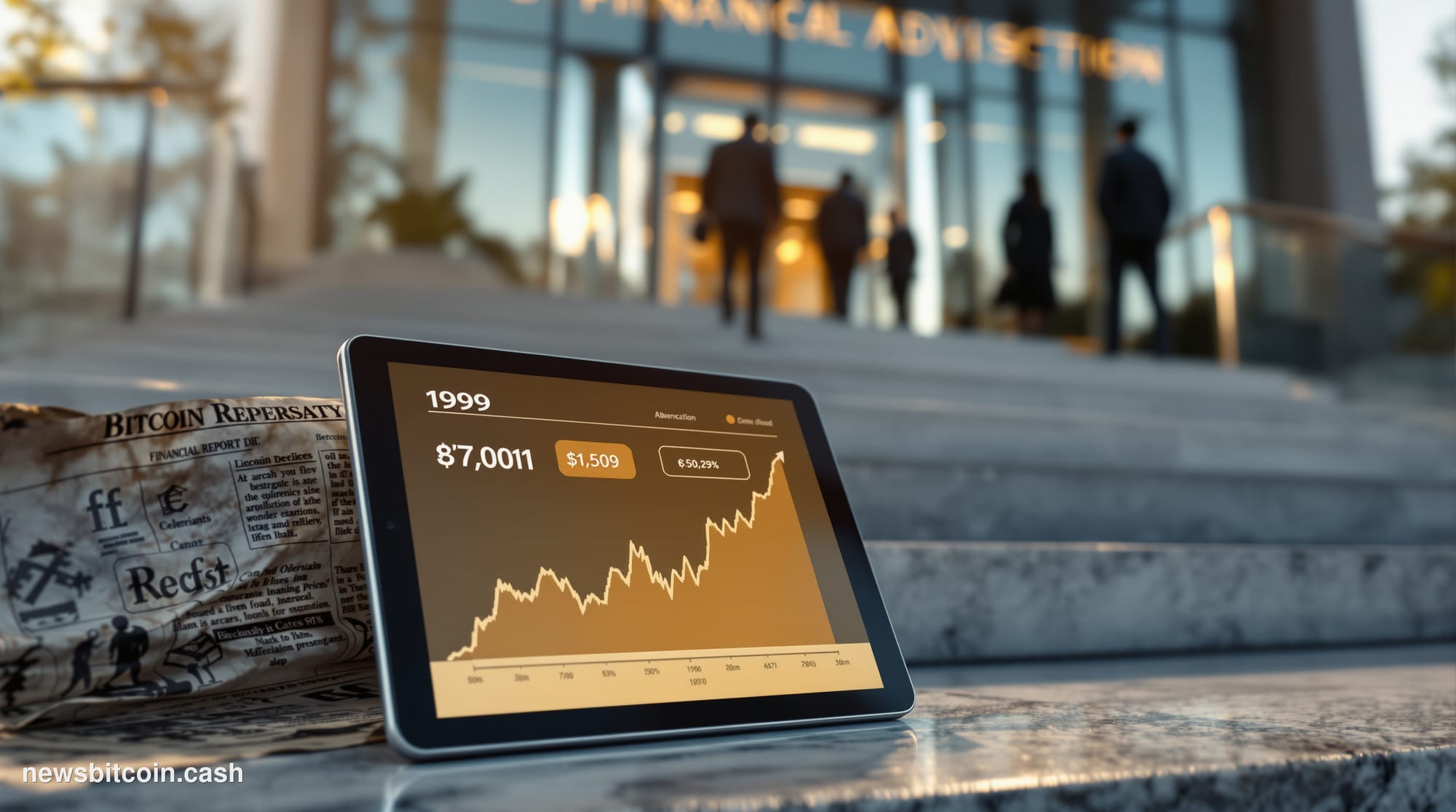 Cinematic photorealistic editorial photograph taken from a low angle outside a glass-and-steel financial advisory firm in Was