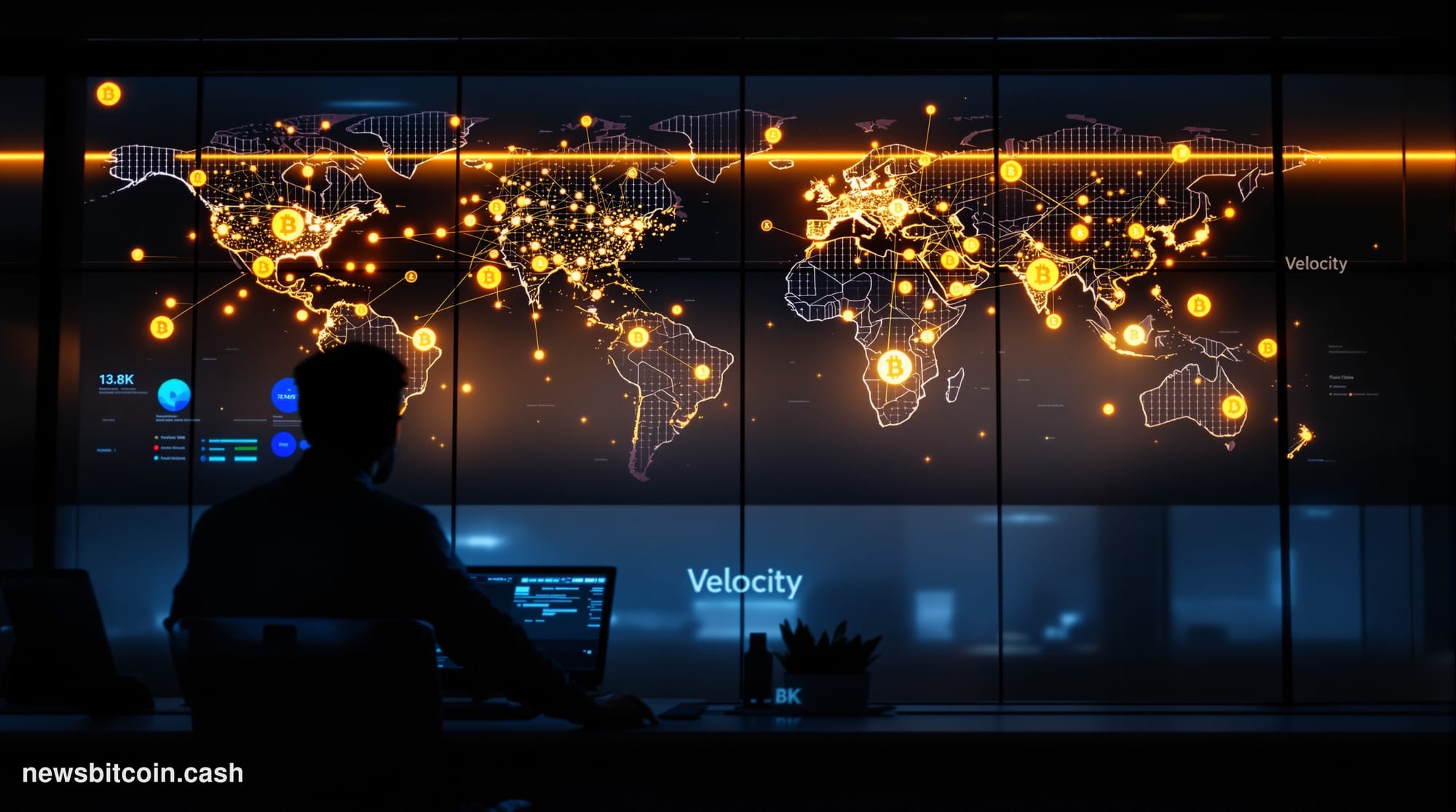 Cinematic photorealistic editorial photograph of a sleek financial technology operations center, shot from a low angle lookin