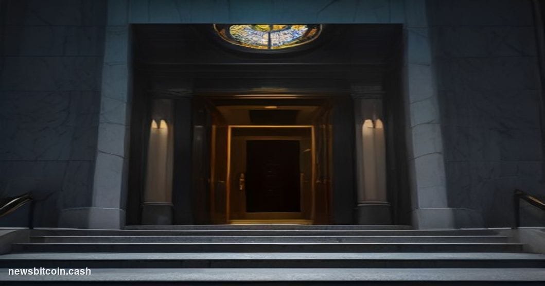 A cinematic photorealistic editorial photograph shot from a low angle looking up at a glass-and-steel financial district cour