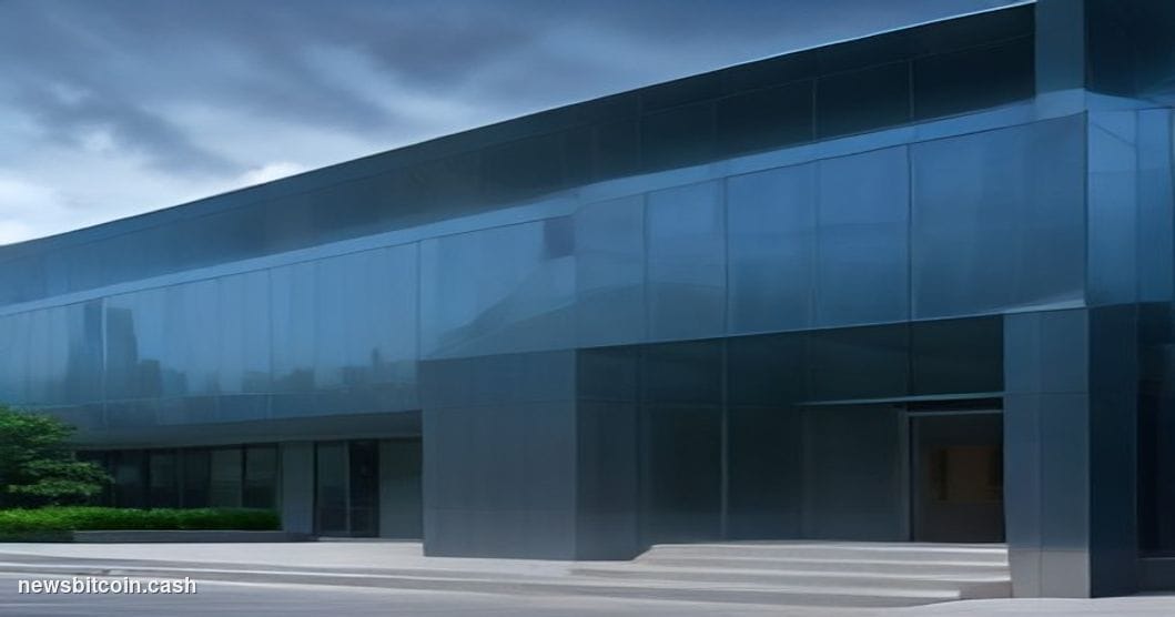 A cinematic photorealistic editorial photograph shot at a low angle looking up at Robinhood's Menlo Park corporate headquarte