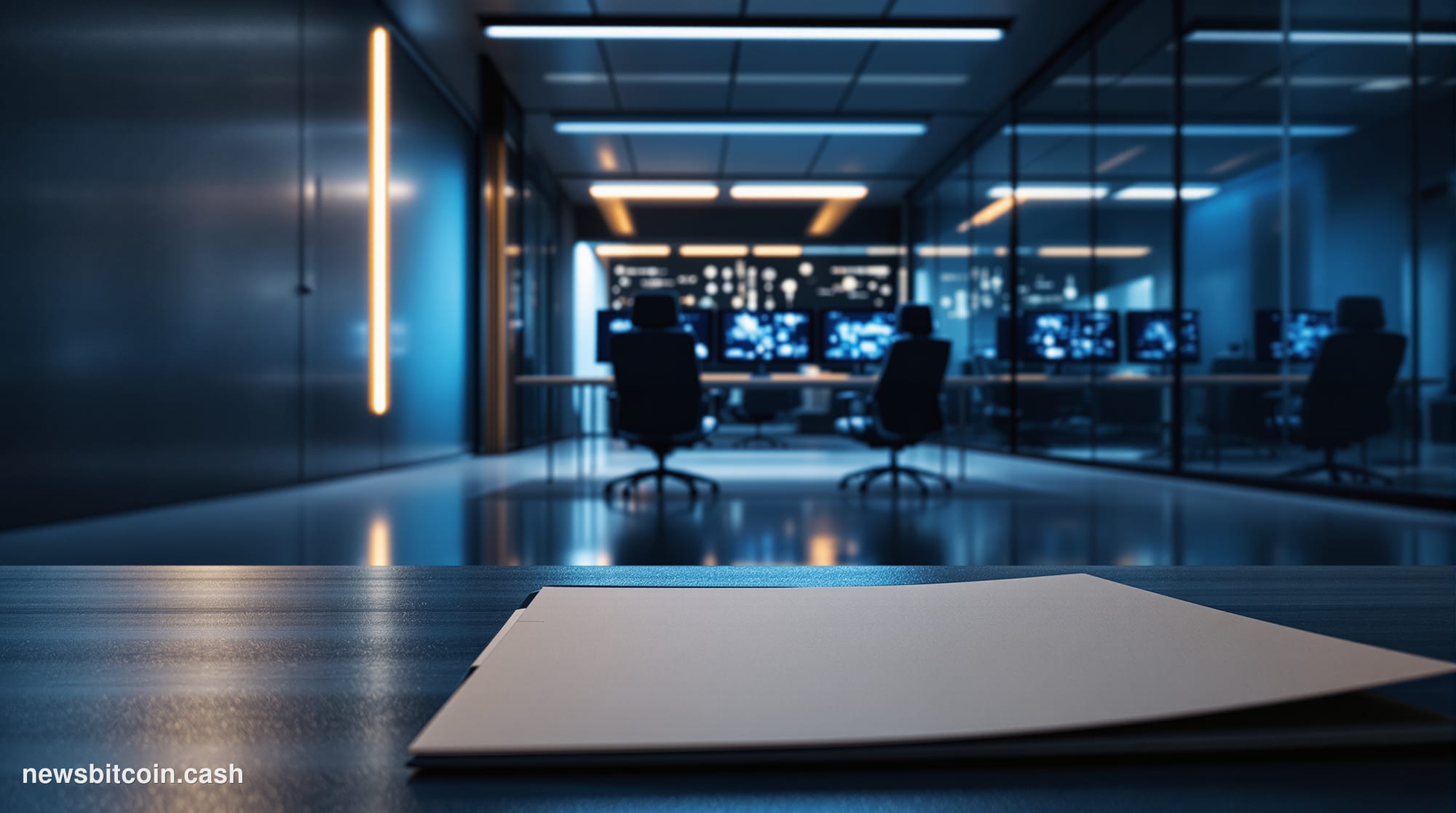 Cinematic photorealistic editorial photograph of a sleek, modern tech office corridor bathed in cool blue-grey tones, with a 