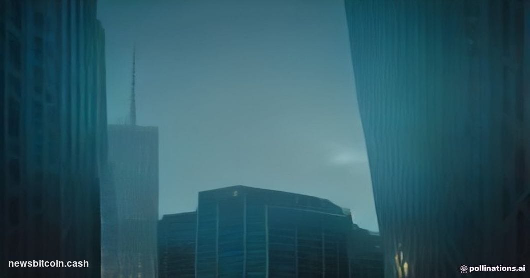 A cinematic photorealistic editorial photograph shot at a low angle looking up at a modern glass-and-steel financial technolo