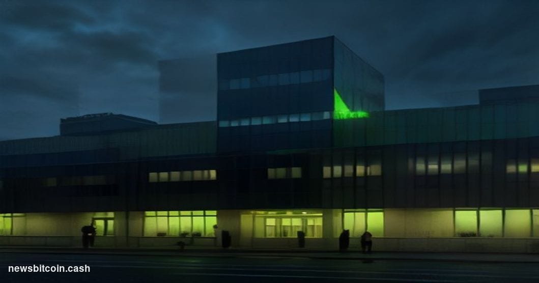 Cinematic photorealistic editorial photograph of a sleek, glass-and-steel financial technology campus at dusk, with two disti