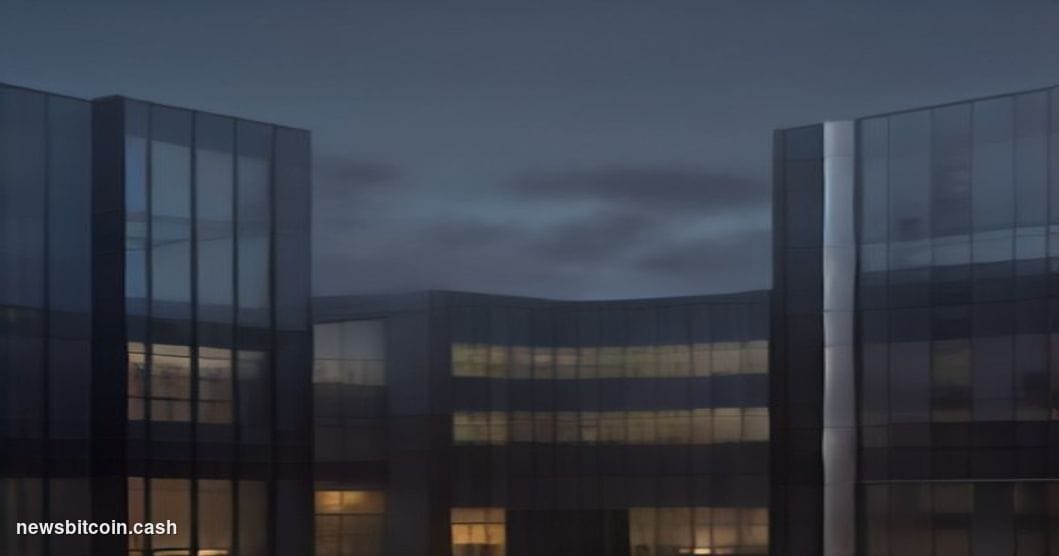 A cinematic photorealistic editorial photograph of the Robinhood headquarters exterior in Menlo Park, California, shot at dus