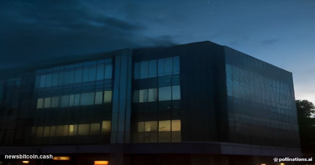A dramatic cinematic editorial photograph of the Robinhood Markets headquarters building in Menlo Park, California, shot from