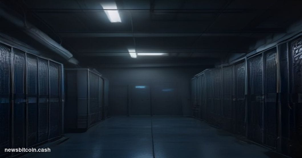 Cinematic photorealistic editorial photograph of a decommissioned server room interior bathed in cold blue-grey light, with a