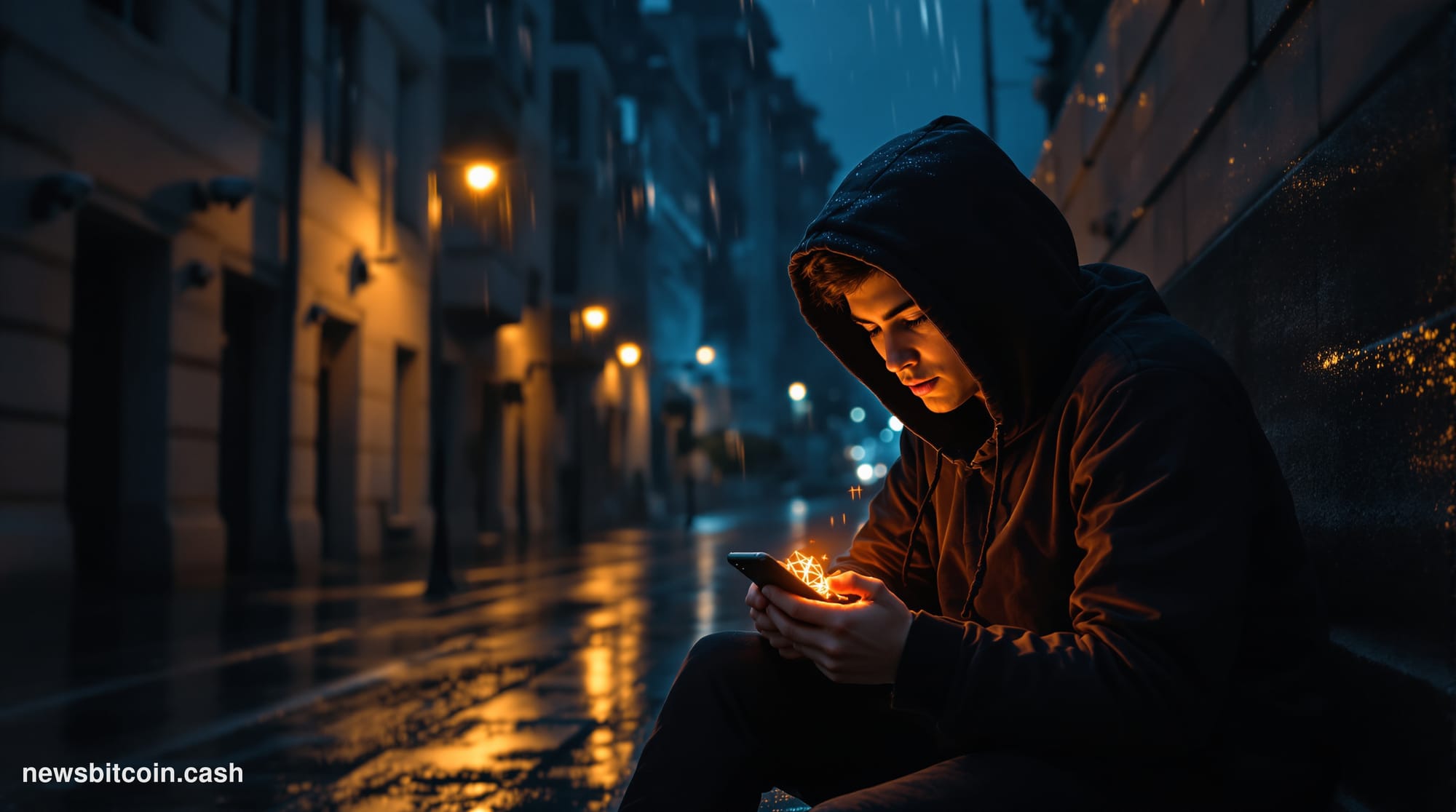 A cinematic photorealistic editorial photograph shot in a dark, rain-slicked Eastern European urban street at night, with the