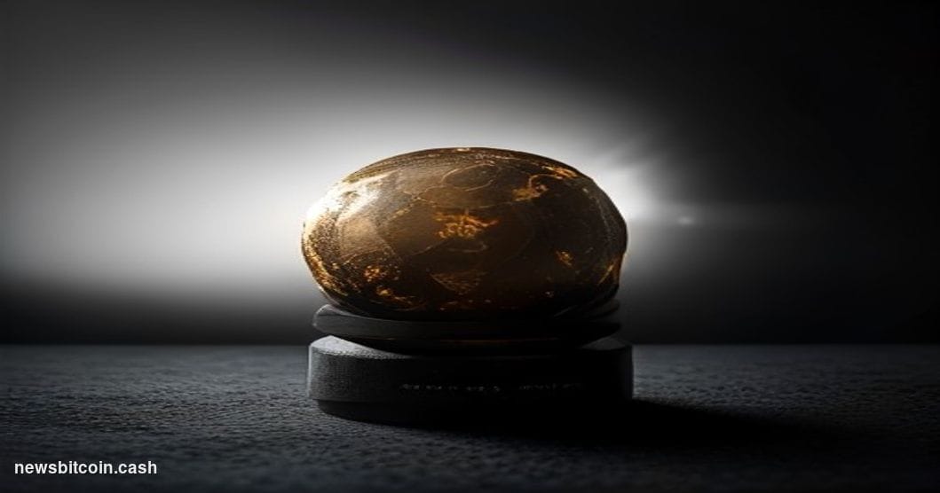 A cinematic photorealistic editorial photograph of a weathered, dust-covered physical Bitcoin coin sitting alone on a dark ob