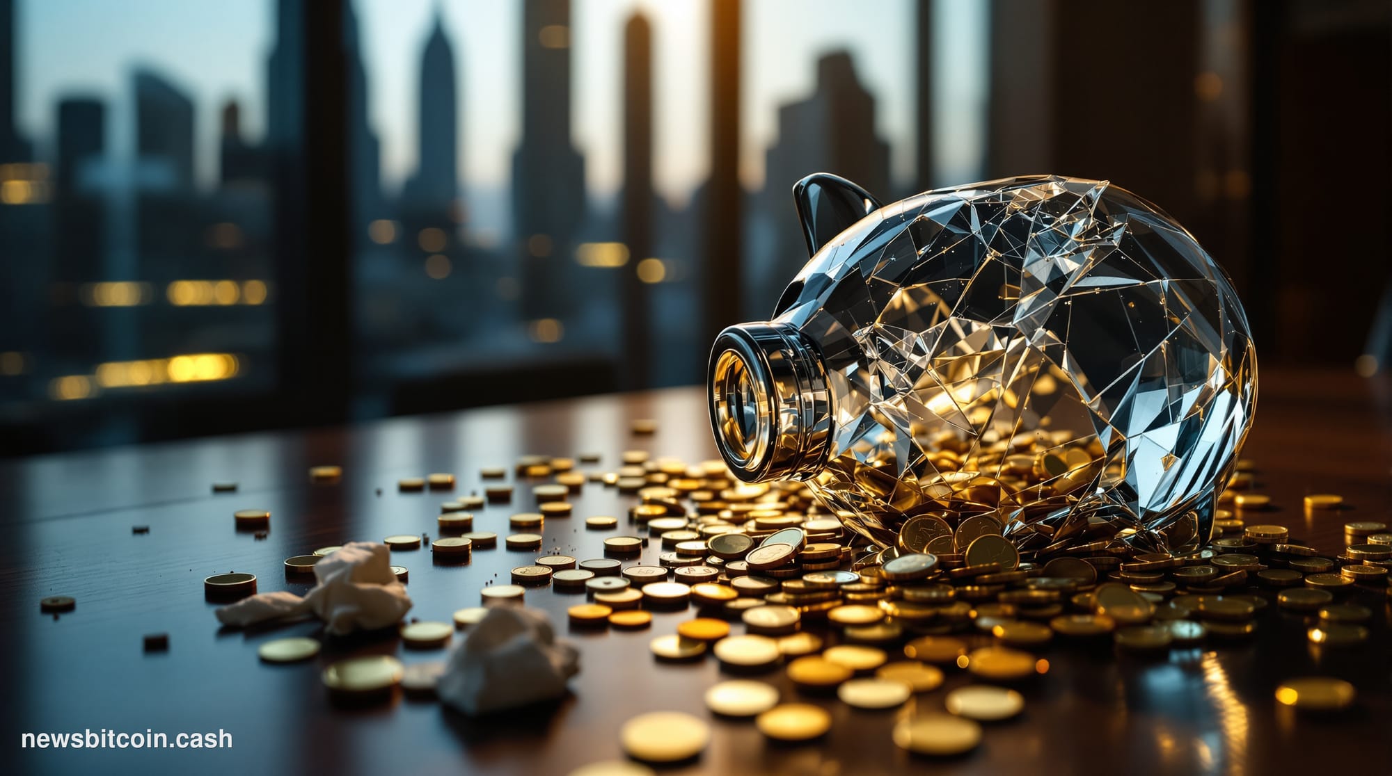 A cinematic photorealistic editorial photograph of a shattered glass piggy bank lying on a dark mahogany boardroom table, wit