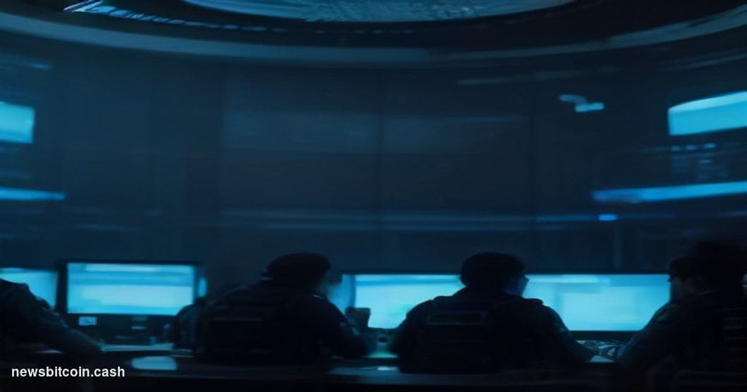 Cinematic photorealistic editorial photograph of a darkened international law enforcement operations center, shot from a low 