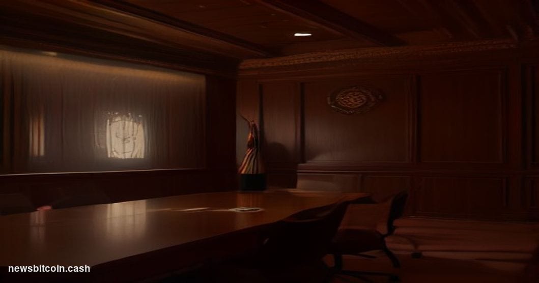 A cinematic photorealistic editorial photograph set inside a grand federal regulatory chamber in Washington D.C., dominated b