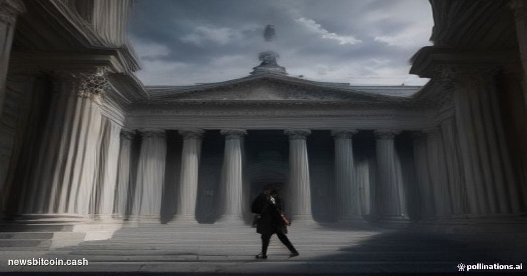 A cinematic photorealistic editorial photograph of the SEC headquarters building in Washington D.C. — the neoclassical facade