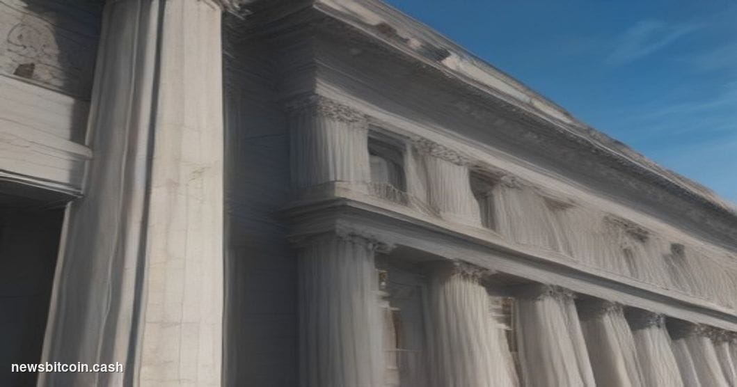 A cinematic photorealistic editorial photograph shot at ground level looking up at the SEC headquarters building in Washingto