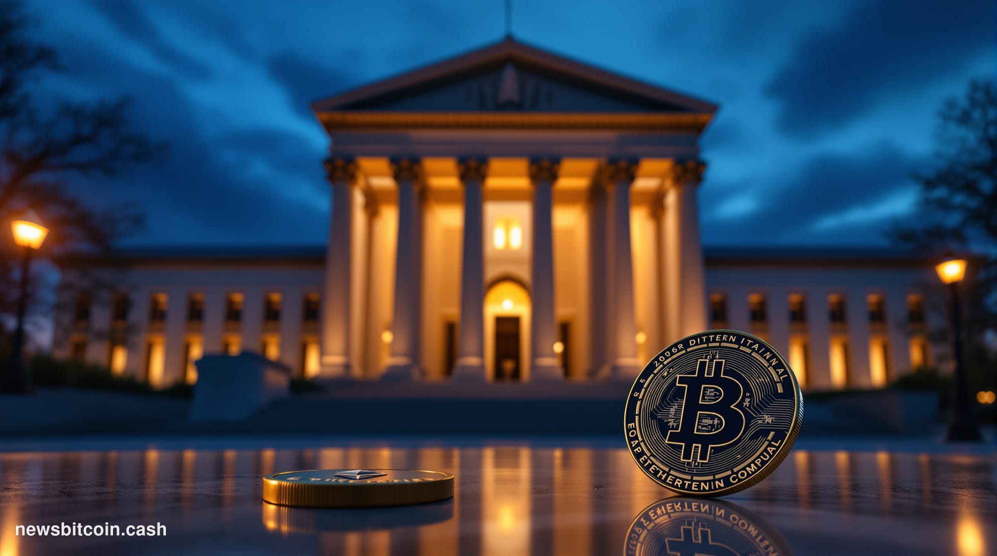 Cinematic photorealistic editorial photograph of the SEC headquarters building in Washington D.C. at dusk, with the recogniza