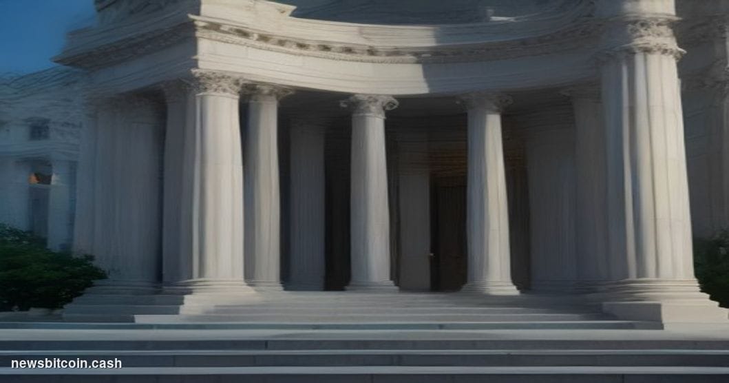 A cinematic photorealistic editorial photograph shot at dusk outside the neoclassical facade of the SEC headquarters building