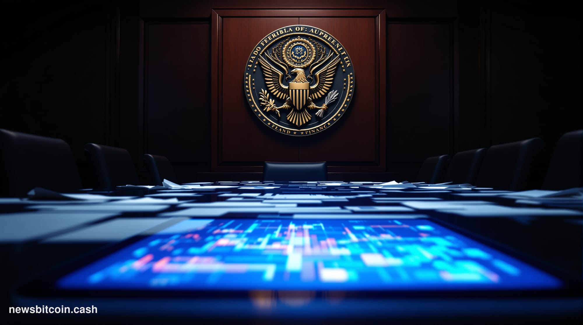 A cinematic photorealistic editorial photograph set inside a grand federal regulatory hearing chamber, shot from a low angle 