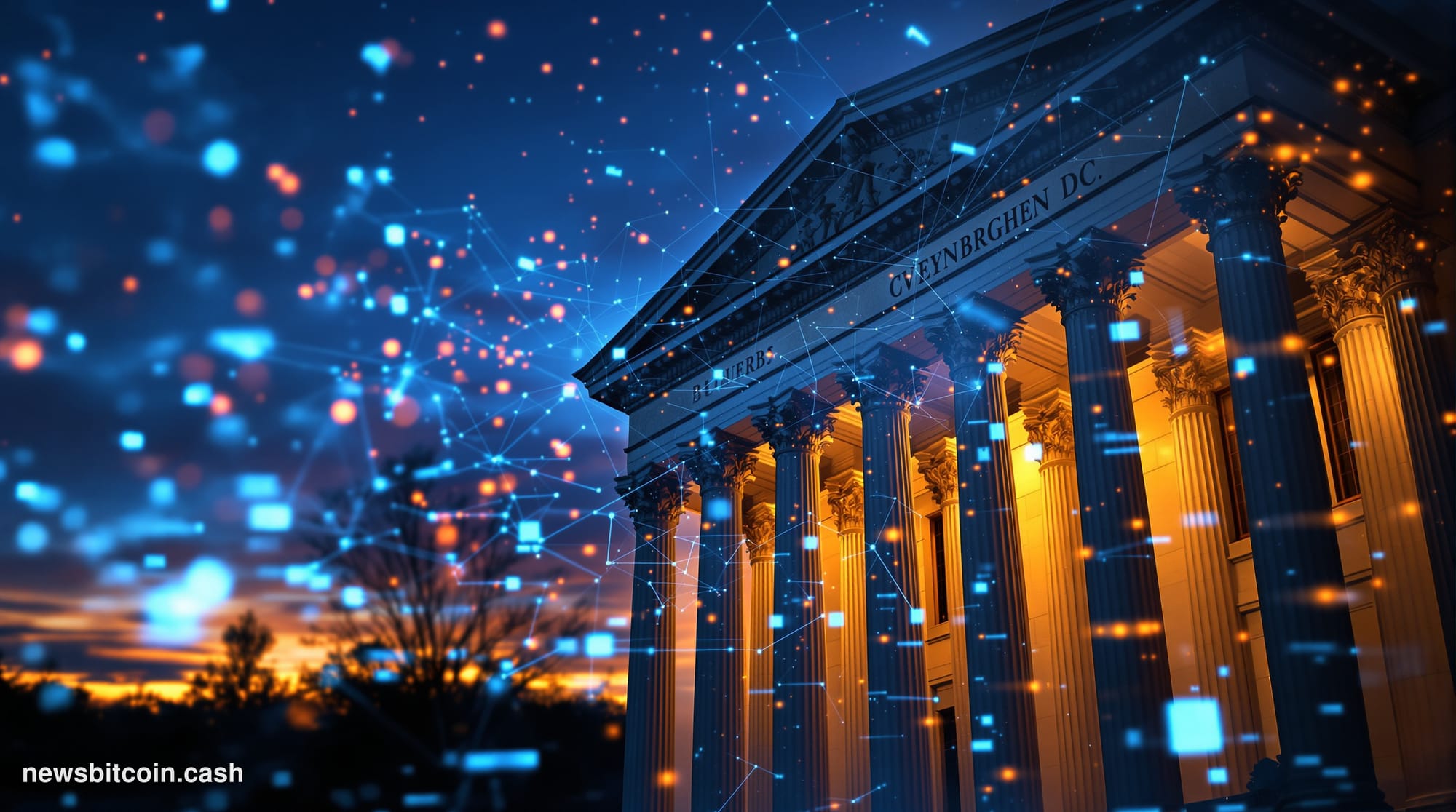 Cinematic photorealistic editorial photograph of the SEC headquarters building in Washington D.C. — the neoclassical facade o