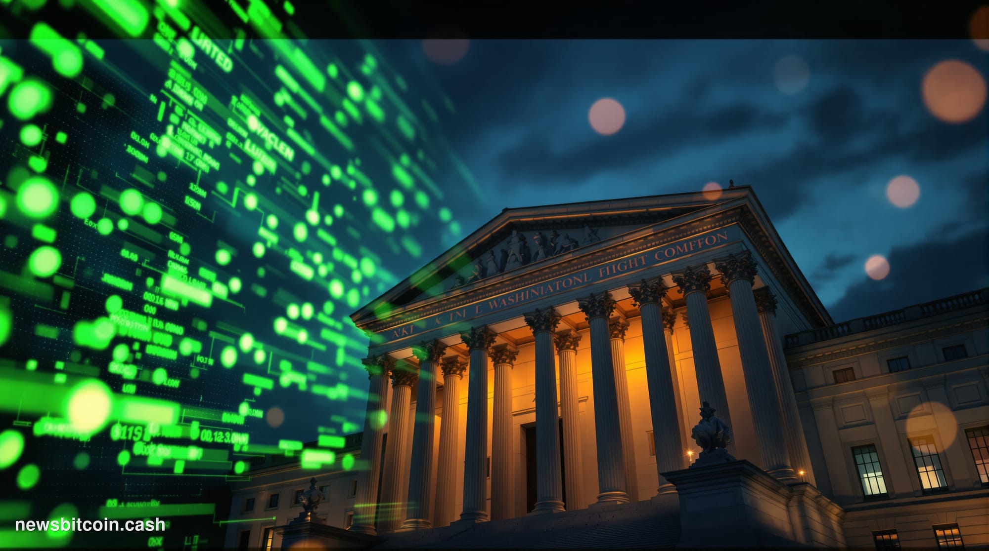 Cinematic photorealistic editorial photograph of the SEC headquarters building in Washington D.C. — the imposing neoclassical