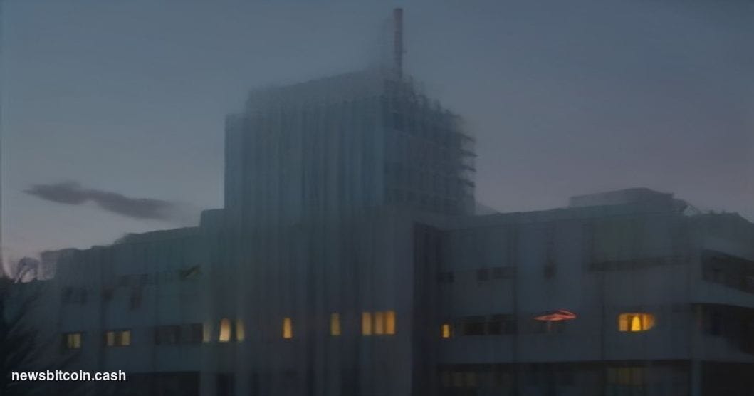 Cinematic photorealistic editorial photograph of the SEC headquarters building in Washington D.C. — the distinctive brutalist