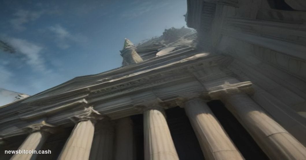 Cinematic photorealistic editorial photograph of the SEC headquarters building in Washington D.C. — the distinctive neoclassi